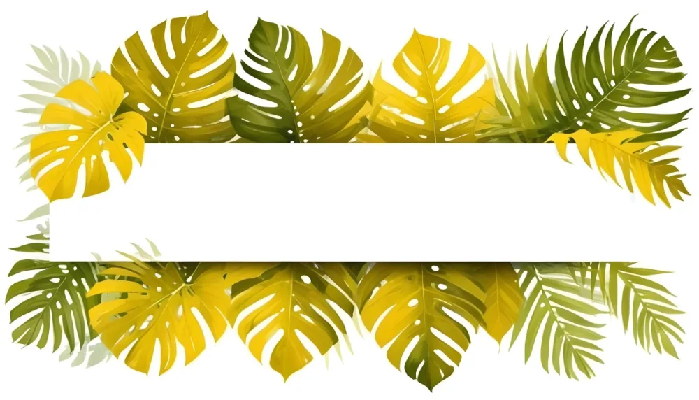 Digital Painting Yellow Tropical Leaves With A White Rectangle In The Middle Palm Leaves Monstera Leaves Fern Leaves Isolated On White Background Bold And Slim Lines Brush Strokes 2 7e37