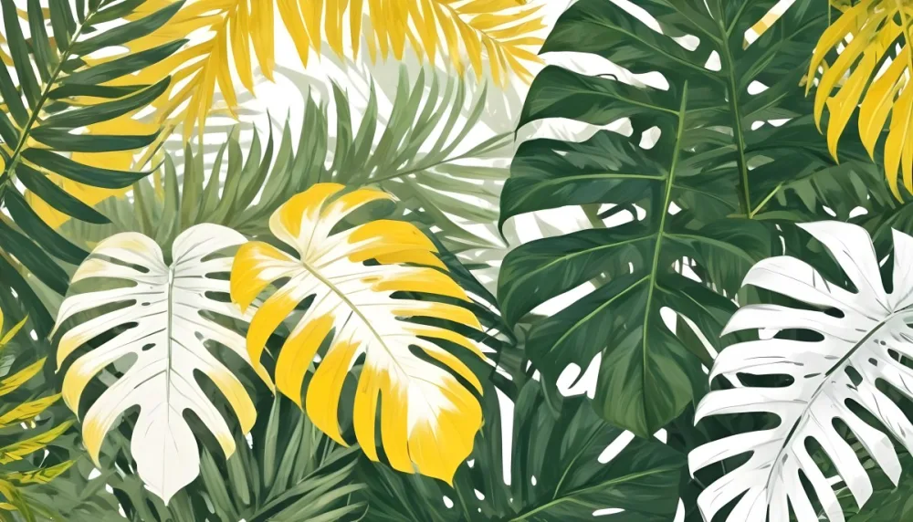 Digital Painting Yellow Tropical Leaves With A White Rectangle In The Middle Palm Leaves Monstera Leaves Fern Leaves Isolated On White Background Bold And Slim Lines Brush Strokes 5 9f41