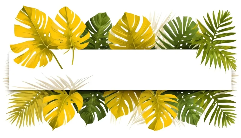 Digital Painting Yellow Tropical Leaves With A White Rectangle In The Middle Palm Leaves Monstera Leaves Fern Leaves Isolated On White Background Bold And Slim Lines Brush Strokes 7 0939