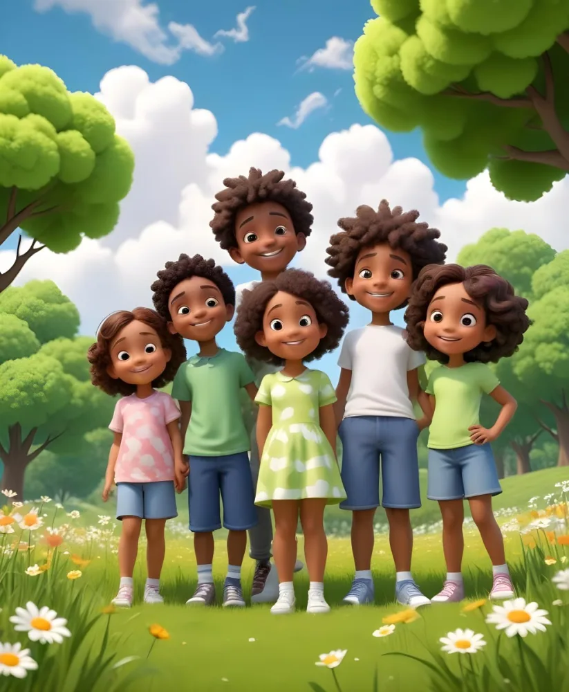 Five Kids Of Mixed Races With An Average Age Of 7 Smiling In A Green Field With Trees And Flowers Sun In The Sky And A Big White Cloud 1 0b32