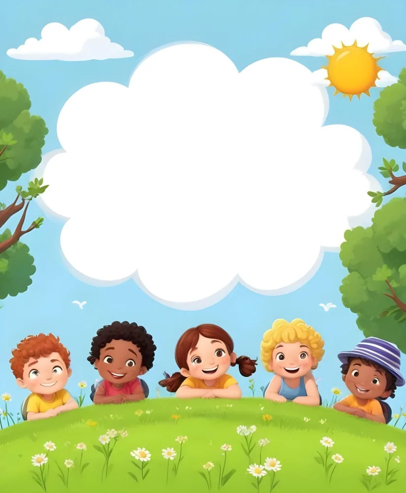 Five Kids Of Mixed Races With An Average Age Of 7 Smiling In A Green Field With Trees And Flowers Sun In The Sky And A Big White Cloud 18 Ec8c