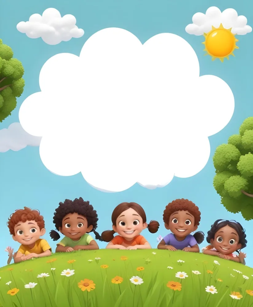 Five Kids Of Mixed Races With An Average Age Of 7 Smiling In A Green Field With Trees And Flowers Sun In The Sky And A Big White Cloud 29 F7f2