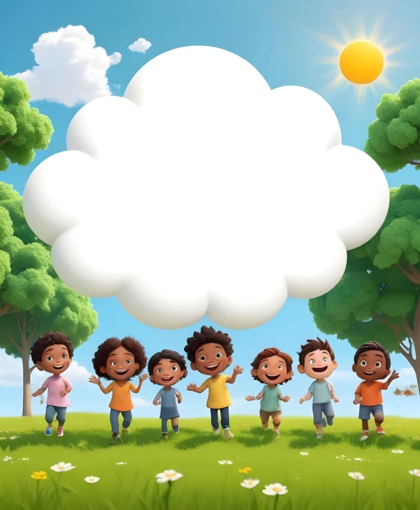 Five Kids Of Mixed Races With An Average Age Of 7 Smiling In A Green Field With Trees And Flowers Sun In The Sky And A Big White Cloud 3 Dc84