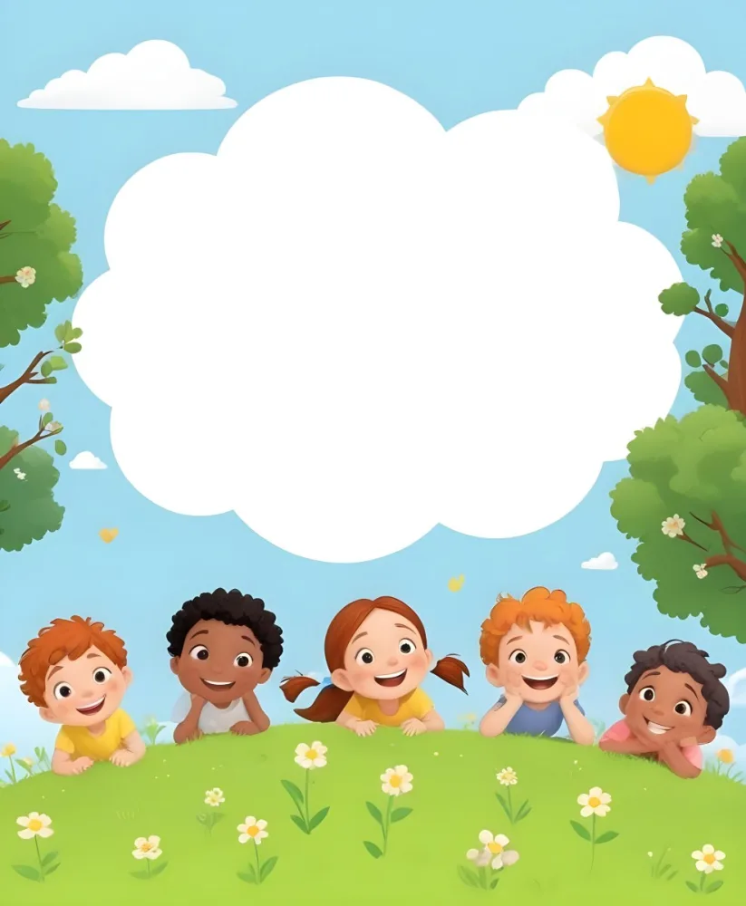 Five Kids Of Mixed Races With An Average Age Of 7 Smiling In A Green Field With Trees And Flowers Sun In The Sky And A Big White Cloud 32 Feed