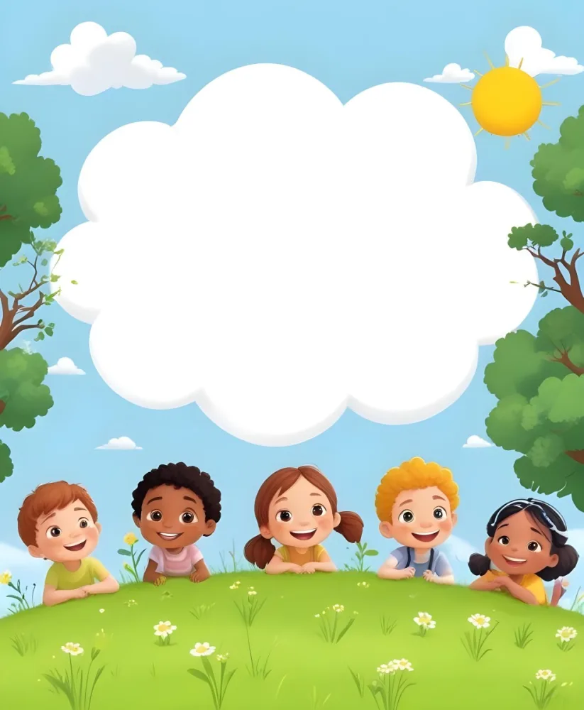 Five Kids Of Mixed Races With An Average Age Of 7 Smiling In A Green Field With Trees And Flowers Sun In The Sky And A Big White Cloud 36 Ff30