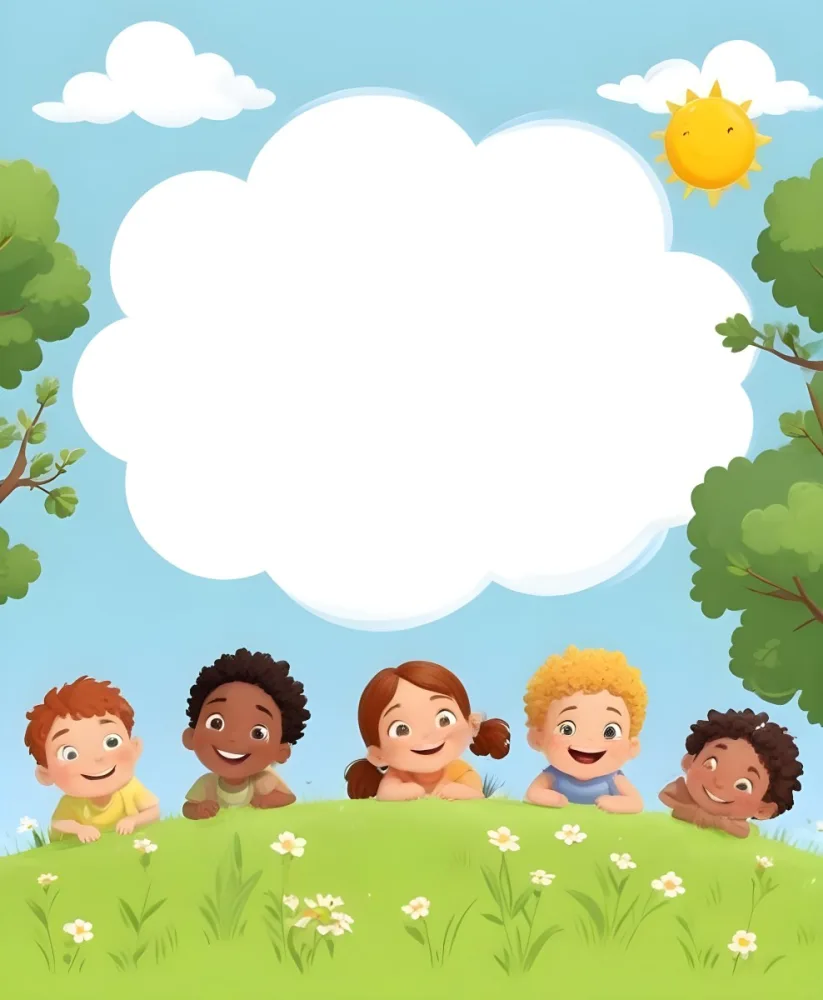Five Kids Of Mixed Races With An Average Age Of 7 Smiling In A Green Field With Trees And Flowers Sun In The Sky And A Big White Cloud 38 D0cd