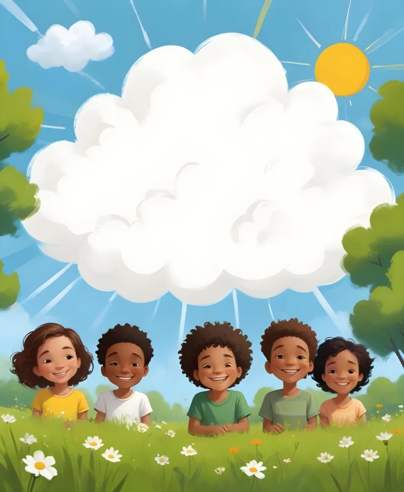 Five Kids Of Mixed Races With An Average Age Of 7 Smiling In A Green Field With Trees And Flowers Sun In The Sky And A Big White Cloud 41 0047