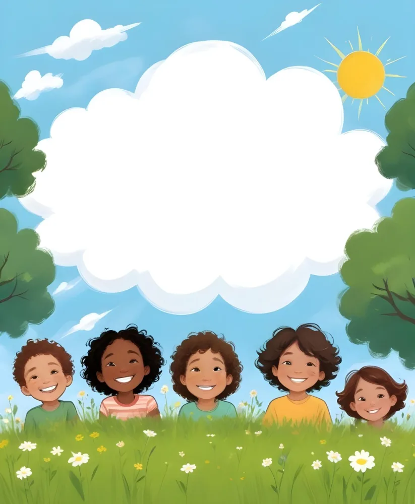 Five Kids Of Mixed Races With An Average Age Of 7 Smiling In A Green Field With Trees And Flowers Sun In The Sky And A Big White Cloud 42 Eeca