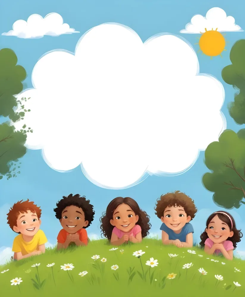 Five Kids Of Mixed Races With An Average Age Of 7 Smiling In A Green Field With Trees And Flowers Sun In The Sky And A Big White Cloud 44 Bfb1