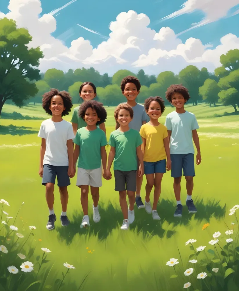 Five Kids Of Mixed Races With An Average Age Of 7 Smiling In A Green Field With Trees And Flowers Sun In The Sky And A Big White Cloud 45 7351