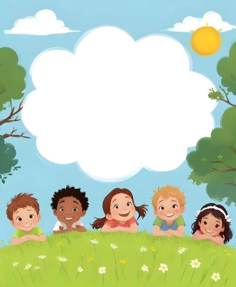 Five Kids Of Mixed Races With An Average Age Of 7 Smiling In A Green Field With Trees And Flowers Sun In The Sky And A Big White Cloud 46 1eb4