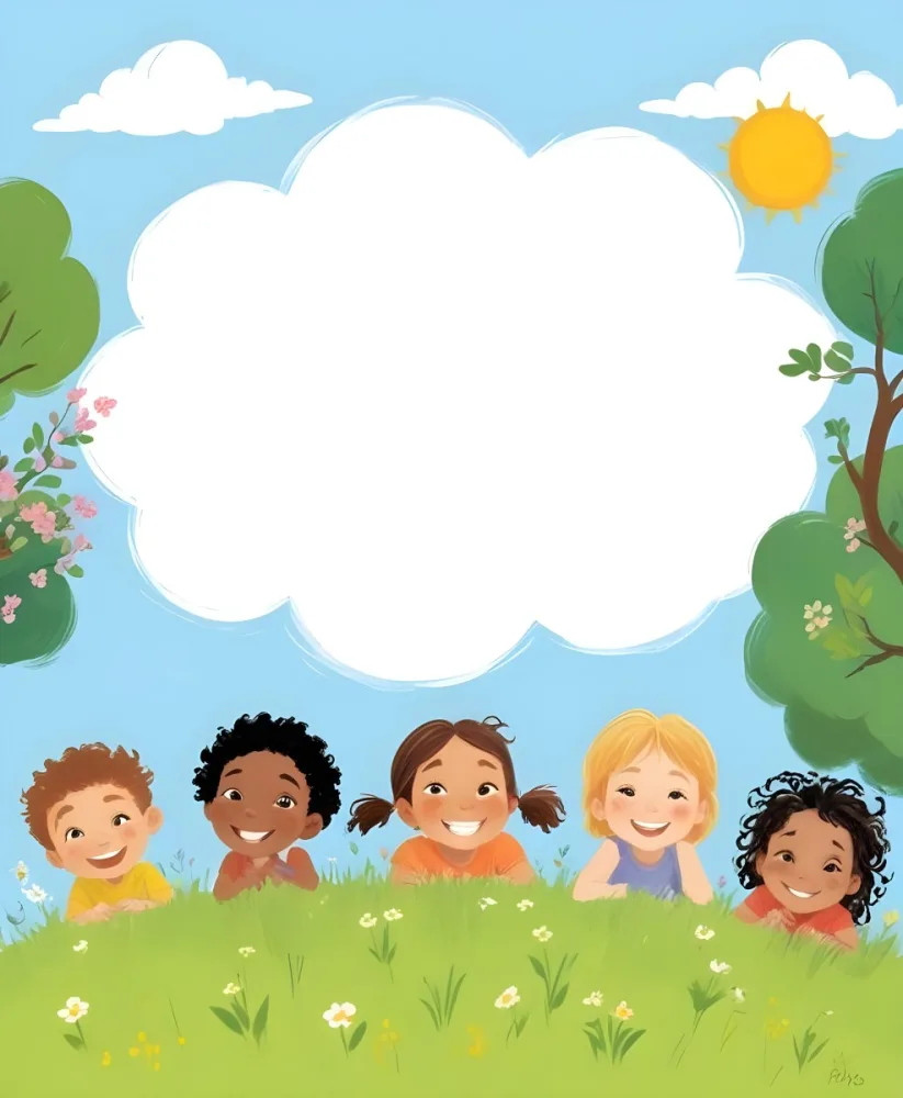 Five Kids Of Mixed Races With An Average Age Of 7 Smiling In A Green Field With Trees And Flowers Sun In The Sky And A Big White Cloud 47 Fc4d