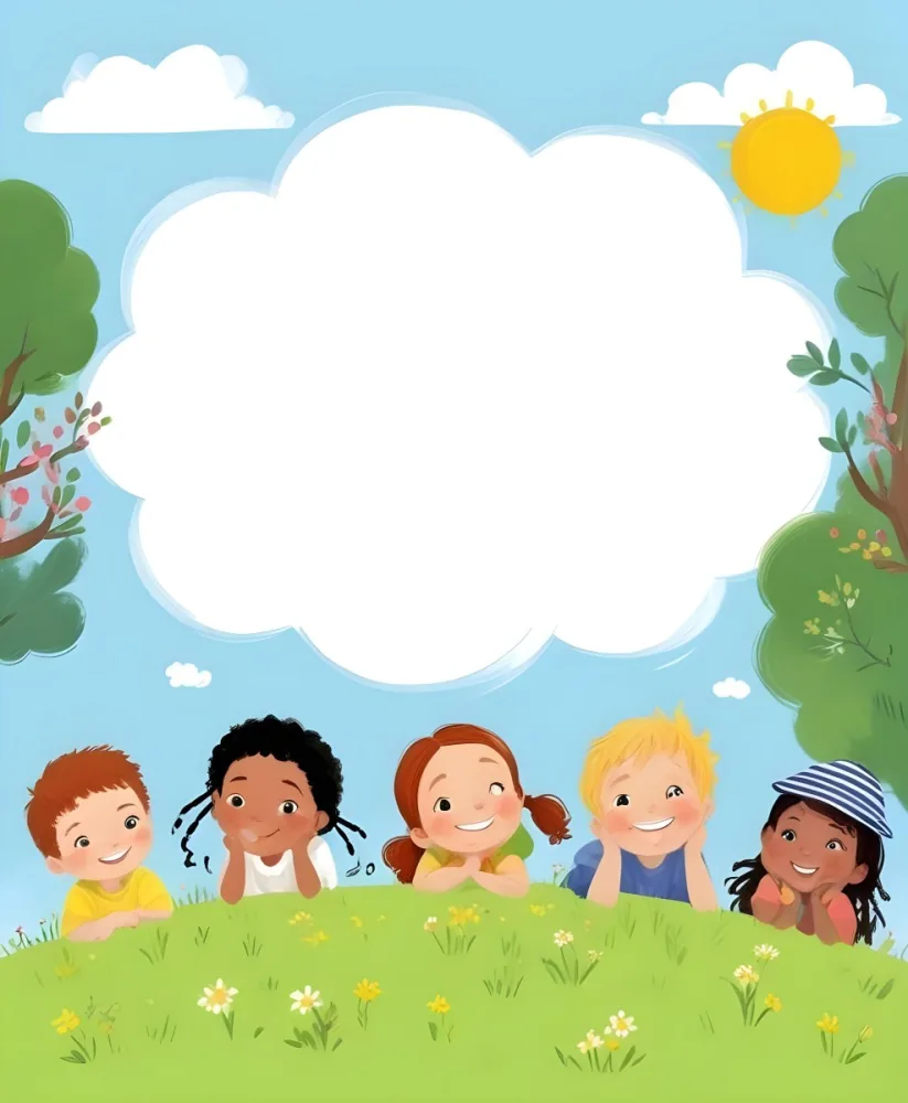Five Kids Of Mixed Races With An Average Age Of 7 Smiling In A Green Field With Trees And Flowers Sun In The Sky And A Big White Cloud 48 71b5