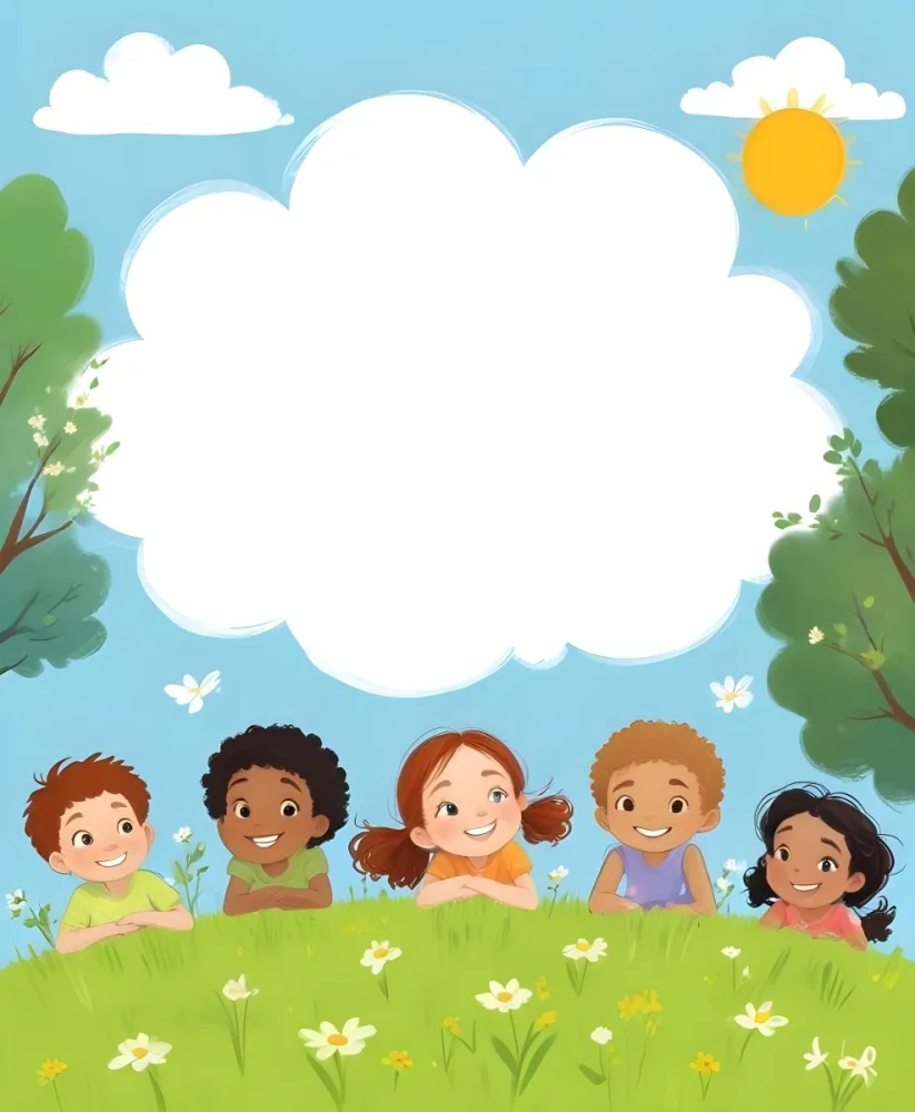 Five Kids Of Mixed Races With An Average Age Of 7 Smiling In A Green Field With Trees And Flowers Sun In The Sky And A Big White Cloud 49 6573