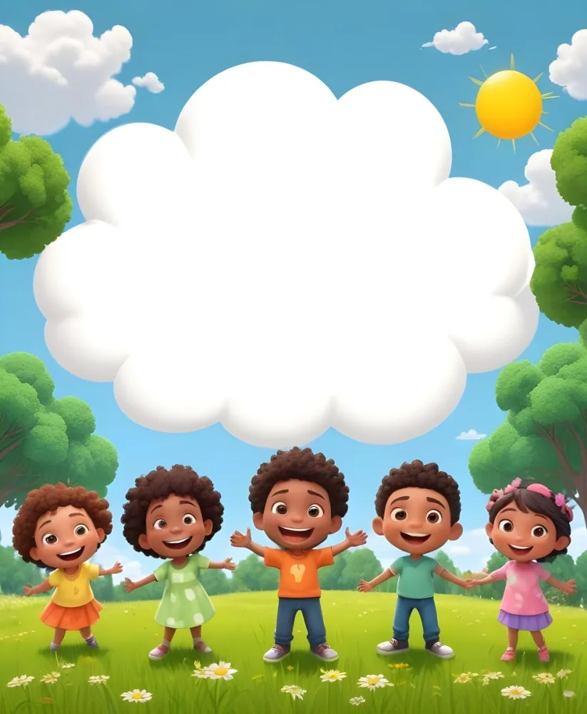 Five Kids Of Mixed Races With An Average Age Of 7 Smiling In A Green Field With Trees And Flowers Sun In The Sky And A Big White Cloud 7 E66f