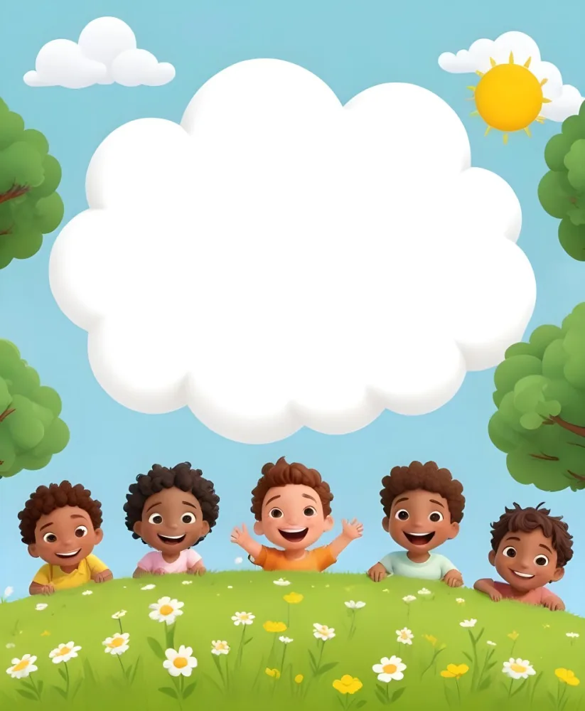 Five Kids Of Mixed Races With An Average Age Of 7 Smiling In A Green Field With Trees And Flowers Sun In The Sky And A Big White Cloud 8 A719
