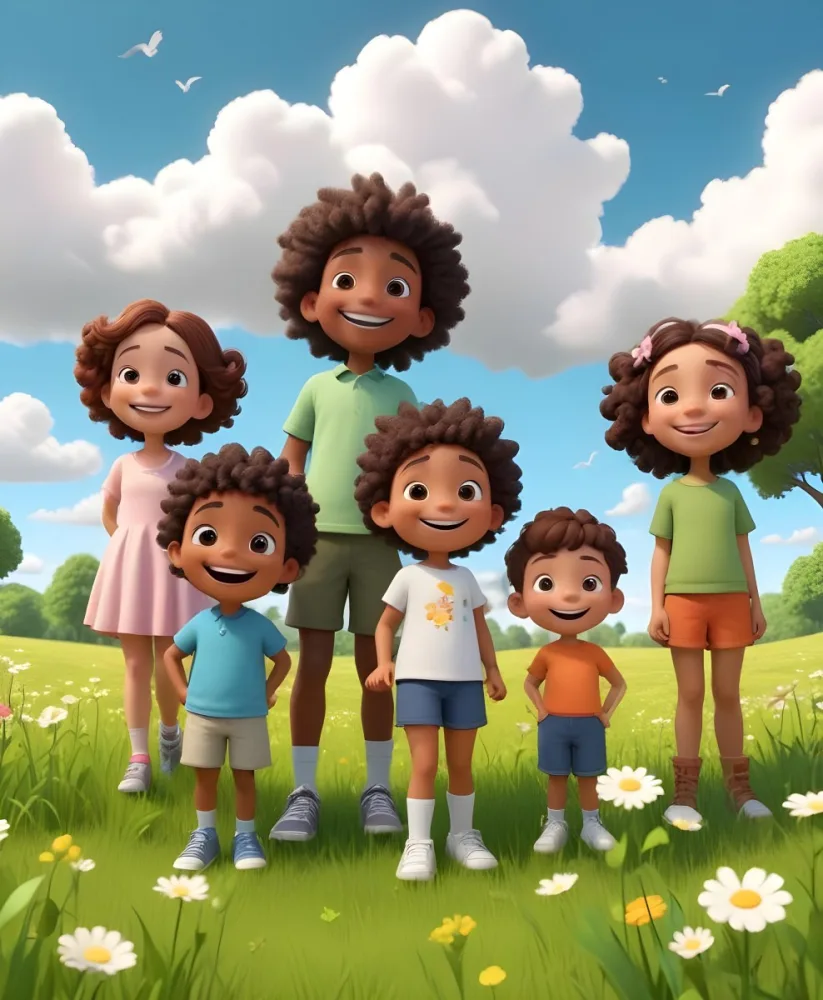 Five Kids Of Mixed Races With An Average Age Of 7 Smiling In A Green Field With Trees And Flowers Sun In The Sky And A Big White Cloud 9 Cc1f