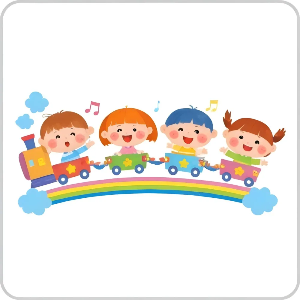 Four Asian Kids With 5 Years Old Riding A Colorful Train On A Rainbow With Music Notes And Clouds In A White Background 13 E16e