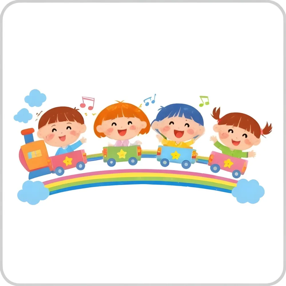 Four Asian Kids With 5 Years Old Riding A Colorful Train On A Rainbow With Music Notes And Clouds In A White Background 17 98e8