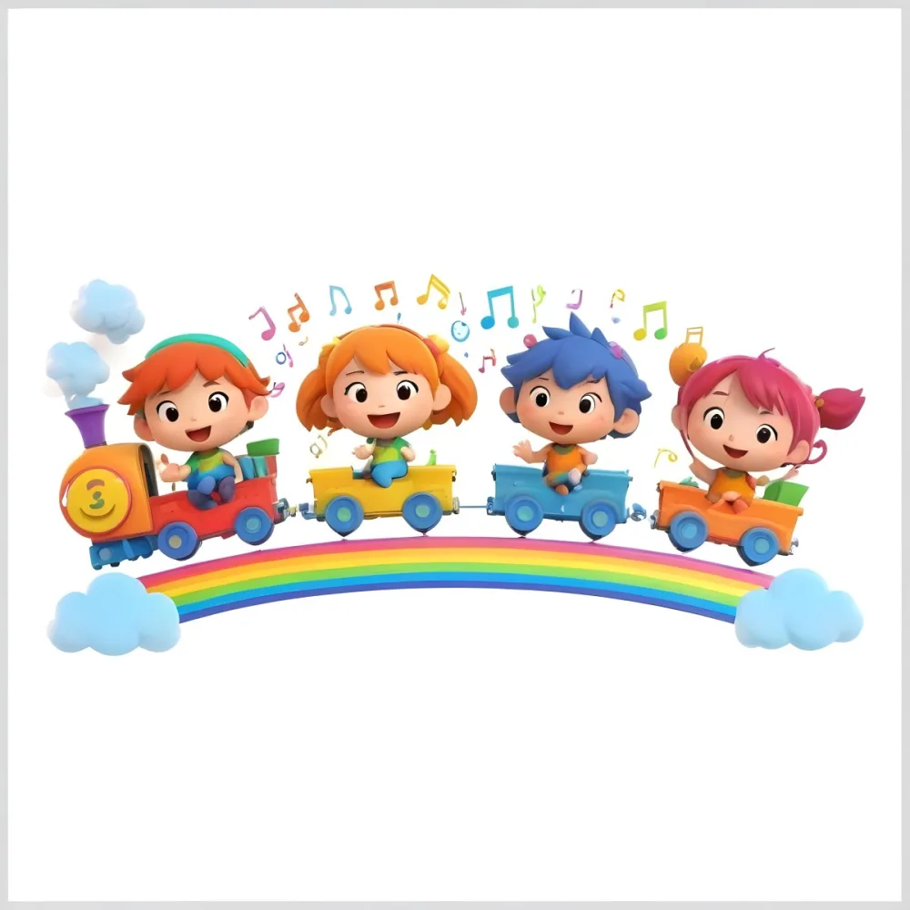 Four Asian Kids With 5 Years Old Riding A Colorful Train On A Rainbow With Music Notes And Clouds In A White Background 23 9d90