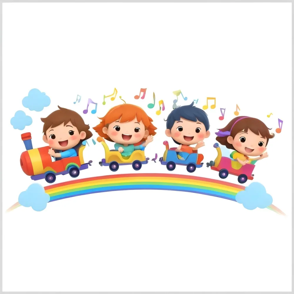Four Asian Kids With 5 Years Old Riding A Colorful Train On A Rainbow With Music Notes And Clouds In A White Background 26 67c2