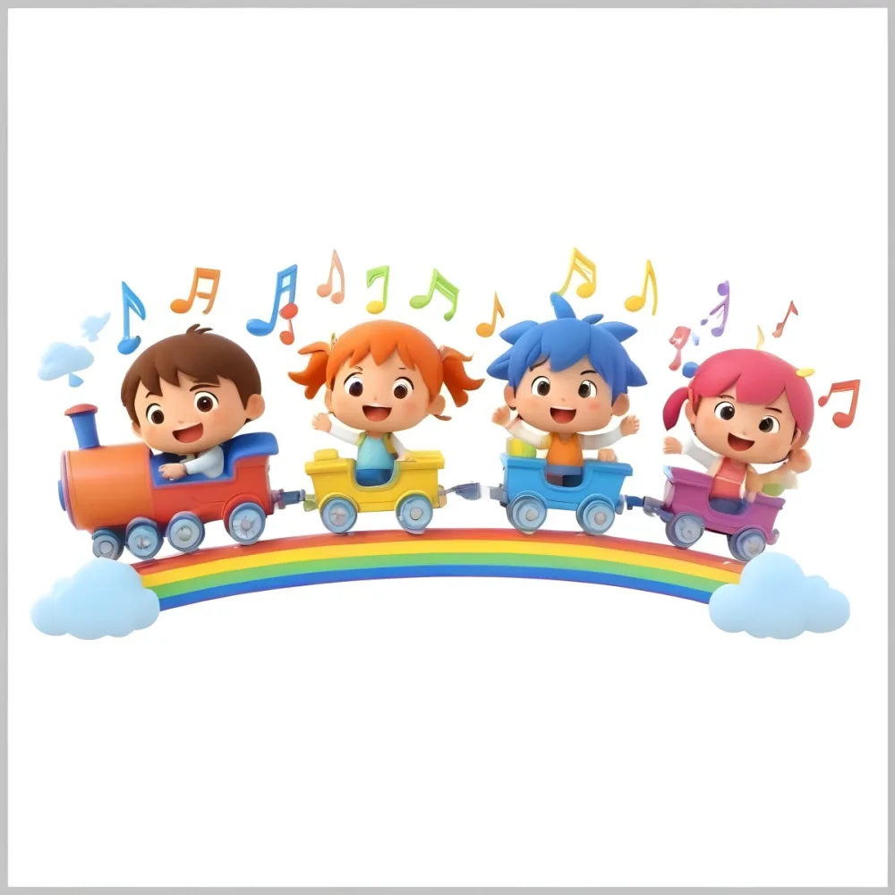 Four Asian Kids With 5 Years Old Riding A Colorful Train On A Rainbow With Music Notes And Clouds In A White Background 28 3e18