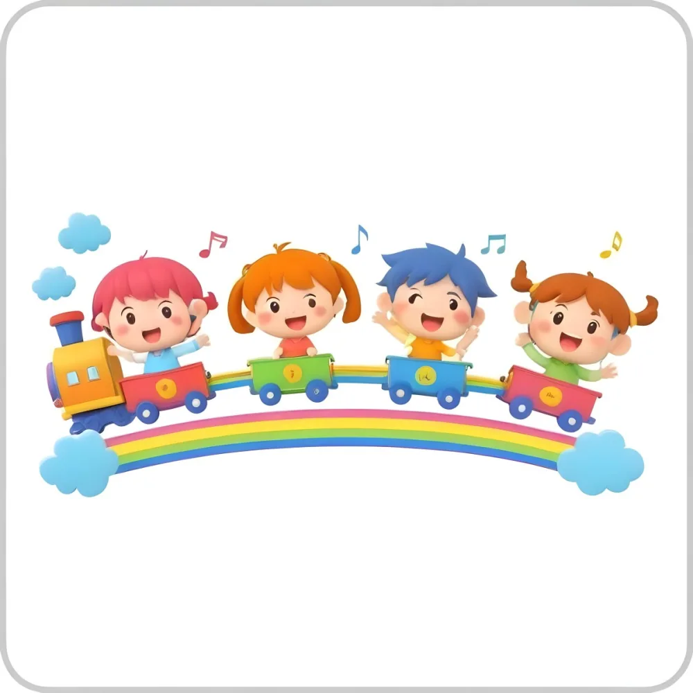 Four Asian Kids With 5 Years Old Riding A Colorful Train On A Rainbow With Music Notes And Clouds In A White Background 30 454b