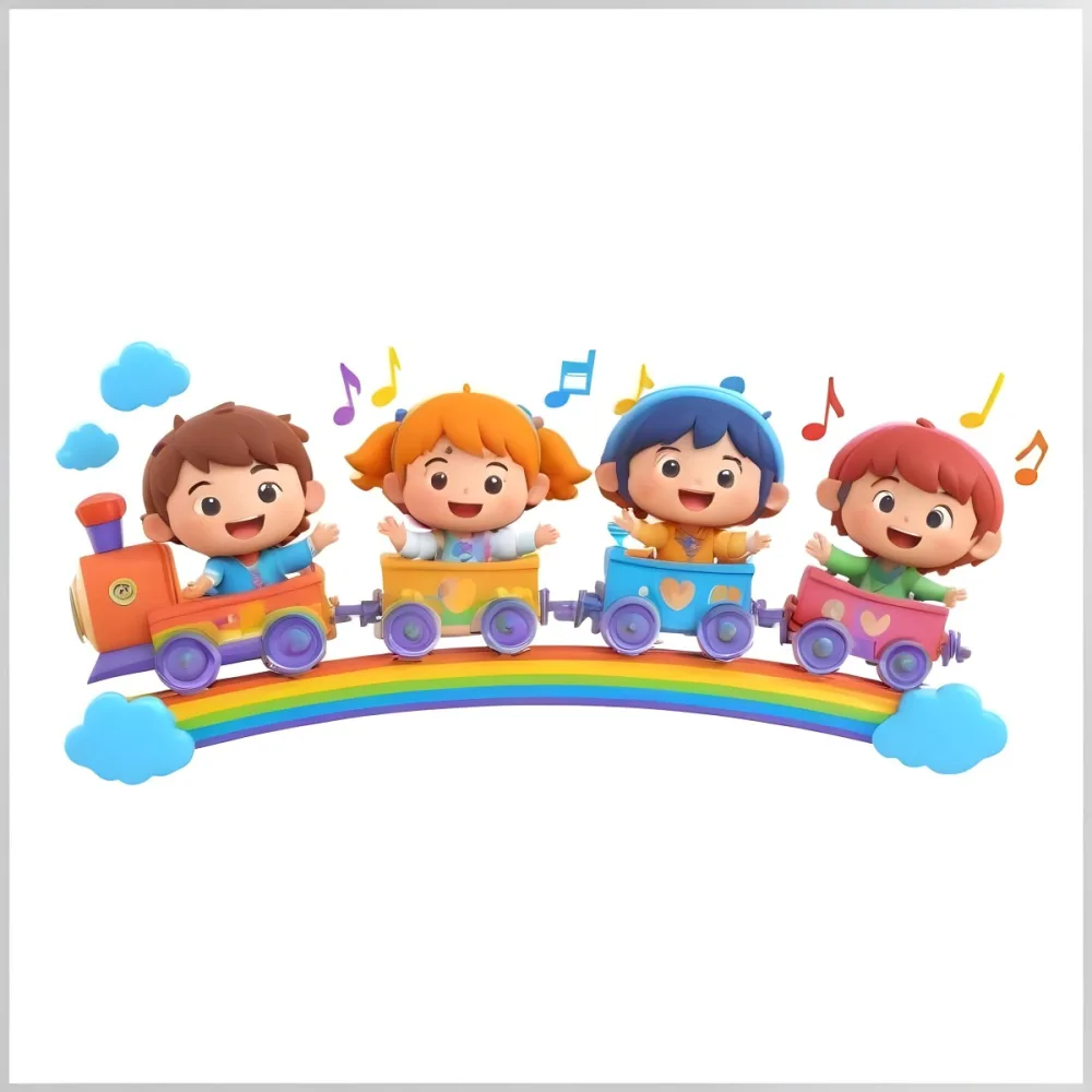 Four Asian Kids With 5 Years Old Riding A Colorful Train On A Rainbow With Music Notes And Clouds In A White Background 32 4e46