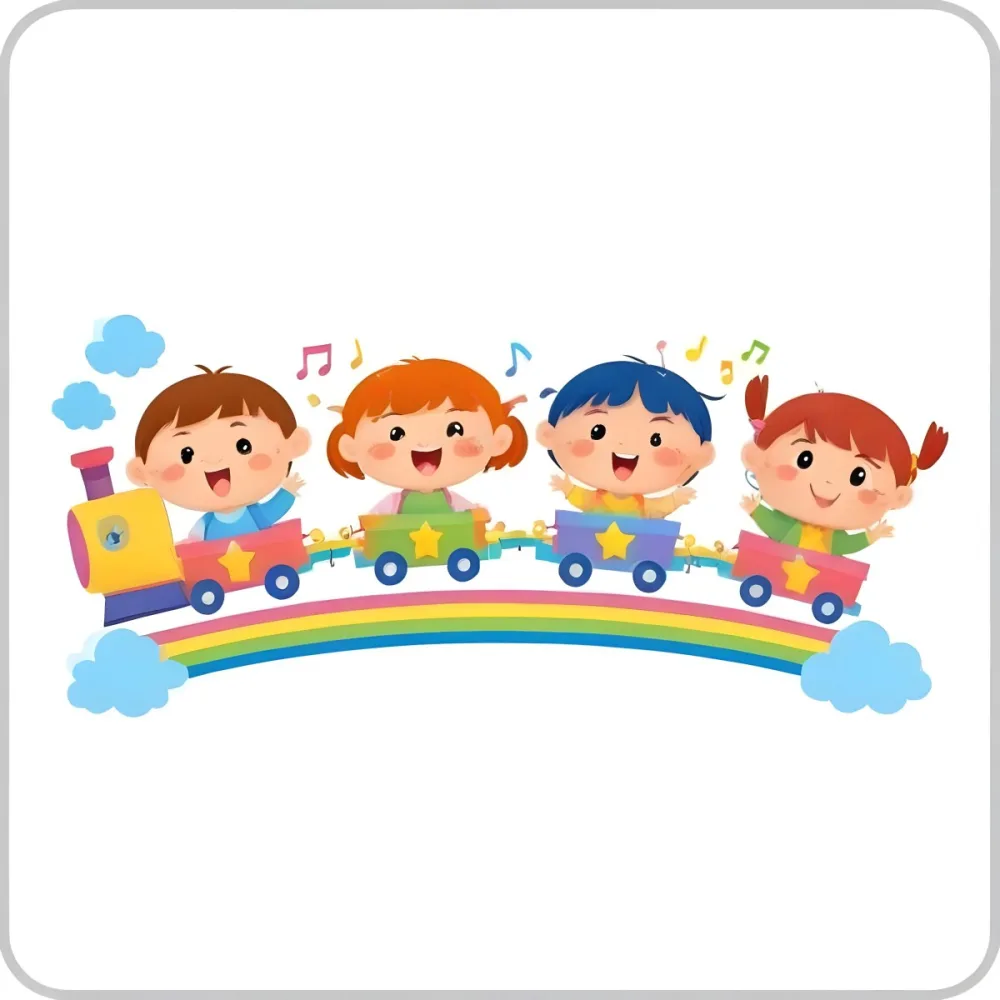 Four Asian Kids With 5 Years Old Riding A Colorful Train On A Rainbow With Music Notes And Clouds In A White Background 39 36cf