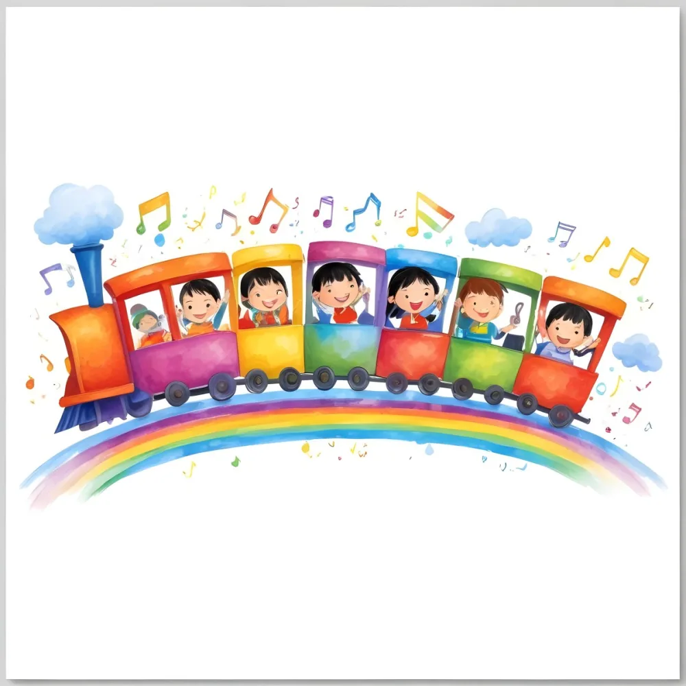 Four Asian Kids With 5 Years Old Riding A Colorful Train On A Rainbow With Music Notes And Clouds In A White Background 4 3b5c
