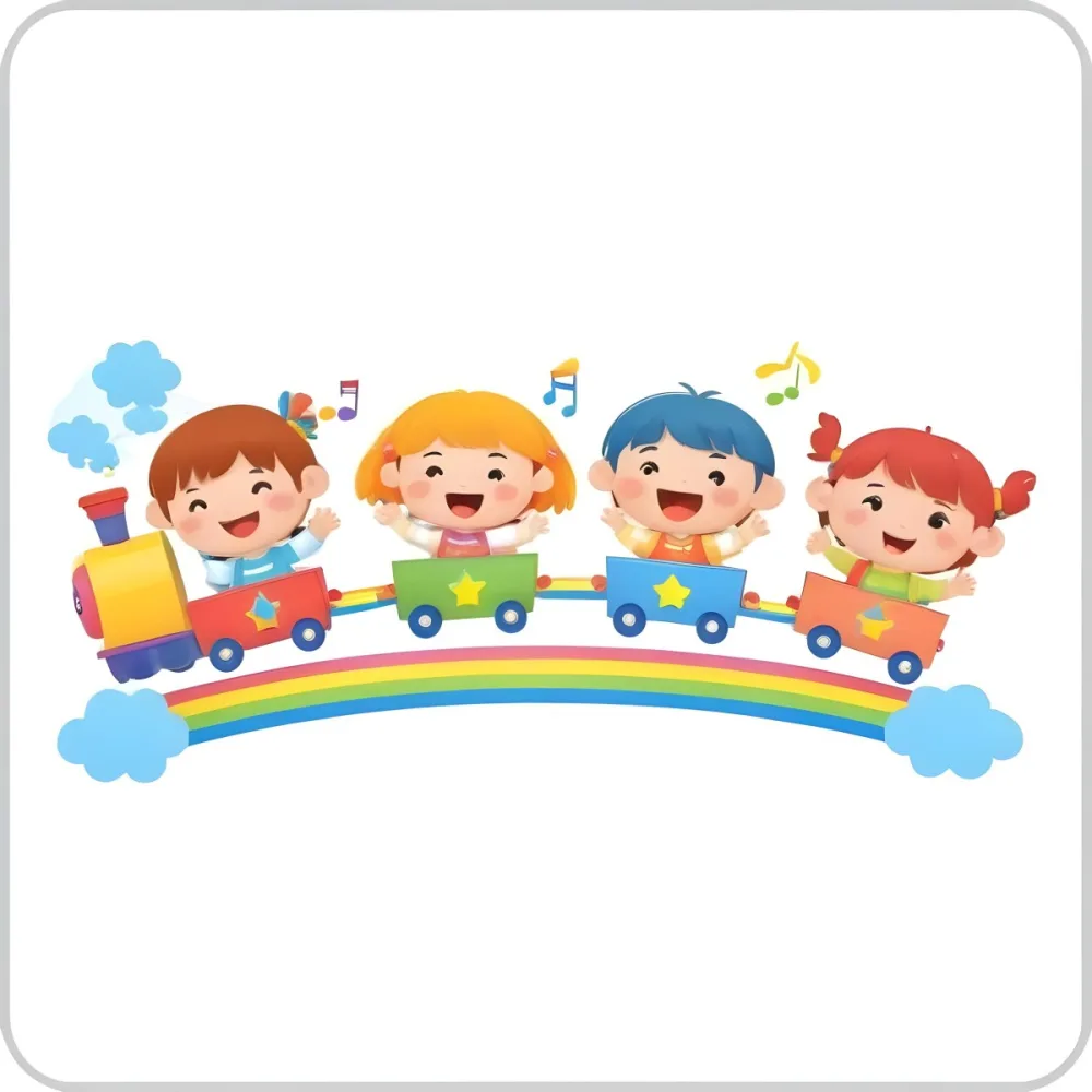 Four Asian Kids With 5 Years Old Riding A Colorful Train On A Rainbow With Music Notes And Clouds In A White Background 40 99d6