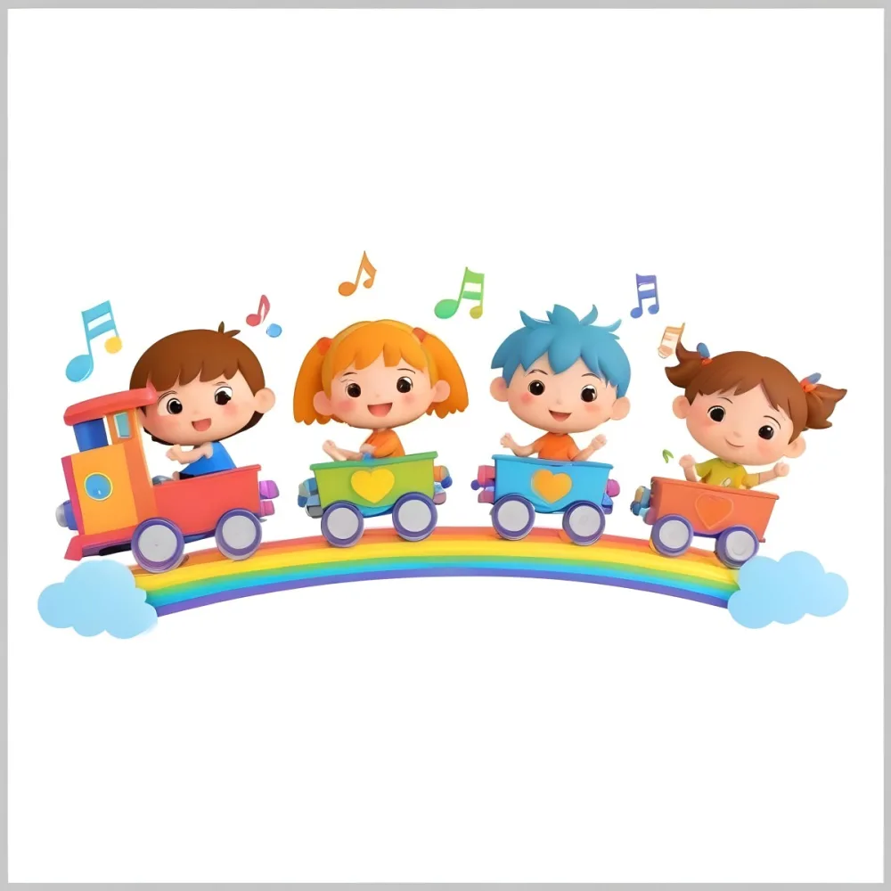 Four Asian Kids With 5 Years Old Riding A Colorful Train On A Rainbow With Music Notes And Clouds In A White Background 41 Fdea