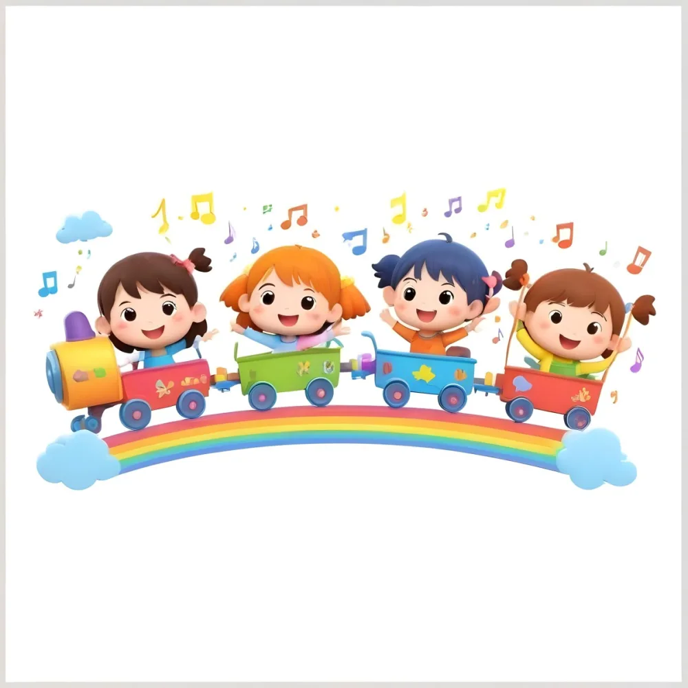 Four Asian Kids With 5 Years Old Riding A Colorful Train On A Rainbow With Music Notes And Clouds In A White Background 42 0ca4