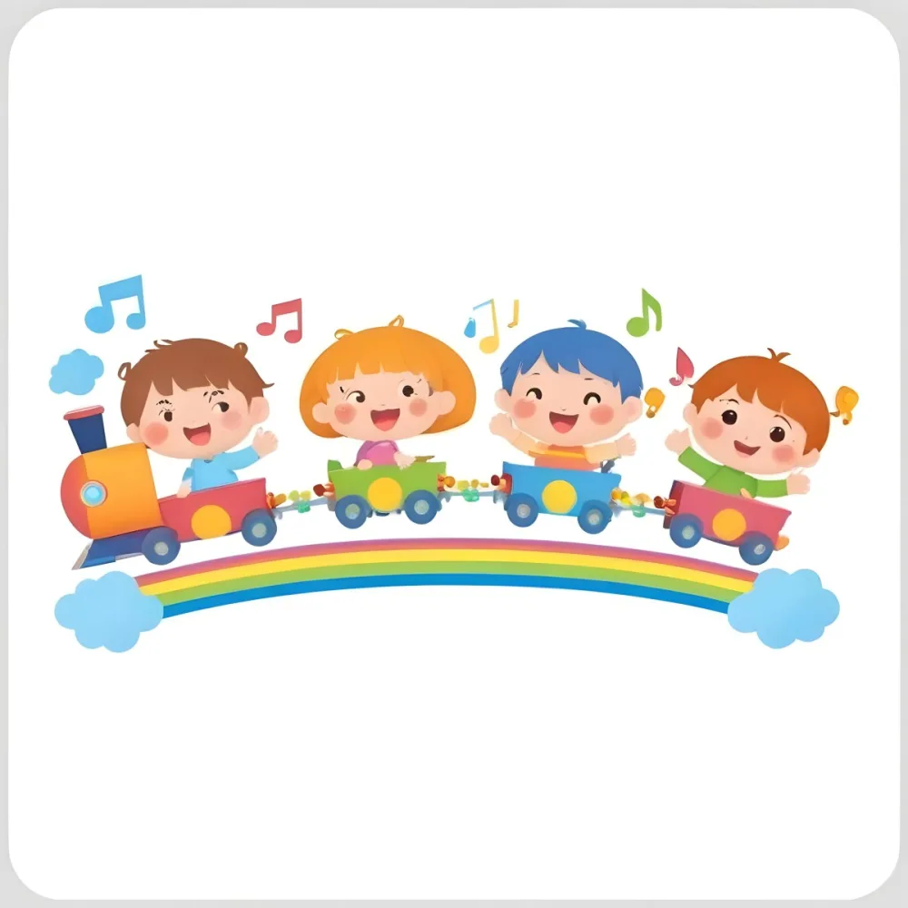 Four Asian Kids With 5 Years Old Riding A Colorful Train On A Rainbow With Music Notes And Clouds In A White Background 43 Bdff