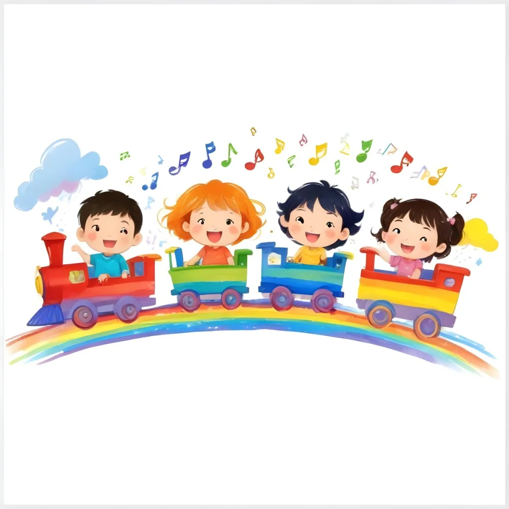 Four Asian Kids With 5 Years Old Riding A Colorful Train On A Rainbow With Music Notes And Clouds In A White Background 5 6409