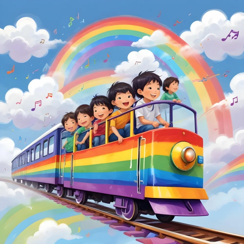 Four Asian Kids With 5 Years Old Riding A Colorful Train On A Rainbow With Music Notes And Clouds In A White Background 6 Abfa