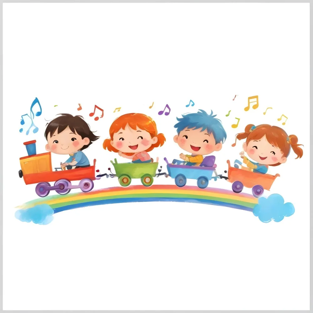 Four Asian Kids With 5 Years Old Riding A Colorful Train On A Rainbow With Music Notes And Clouds In A White Background 7 4467