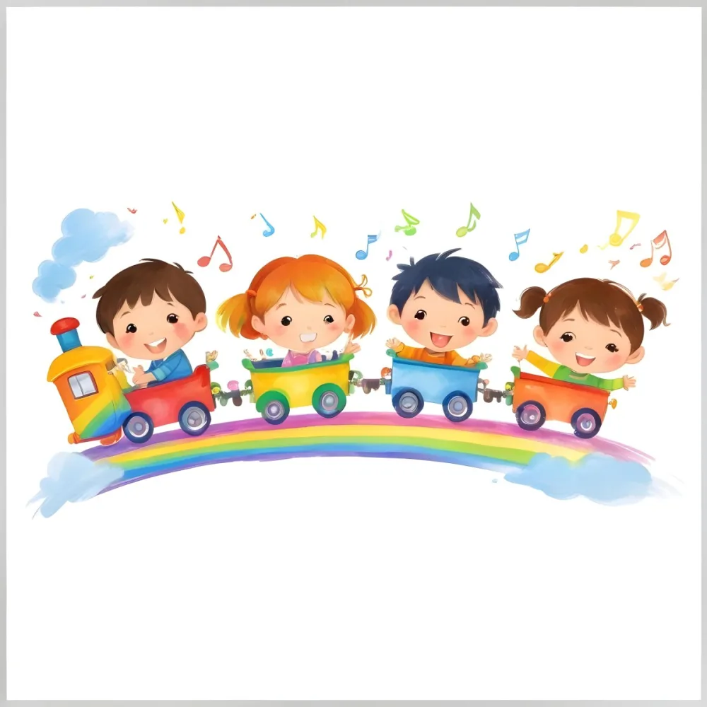 Four Asian Kids With 5 Years Old Riding A Colorful Train On A Rainbow With Music Notes And Clouds In A White Background 8 4981