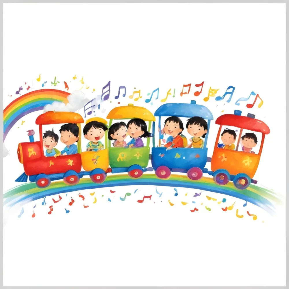 Four Asian Kids With 5 Years Old Riding A Colorful Train On A Rainbow With Music Notes And Clouds In A White Background 9 C1f5