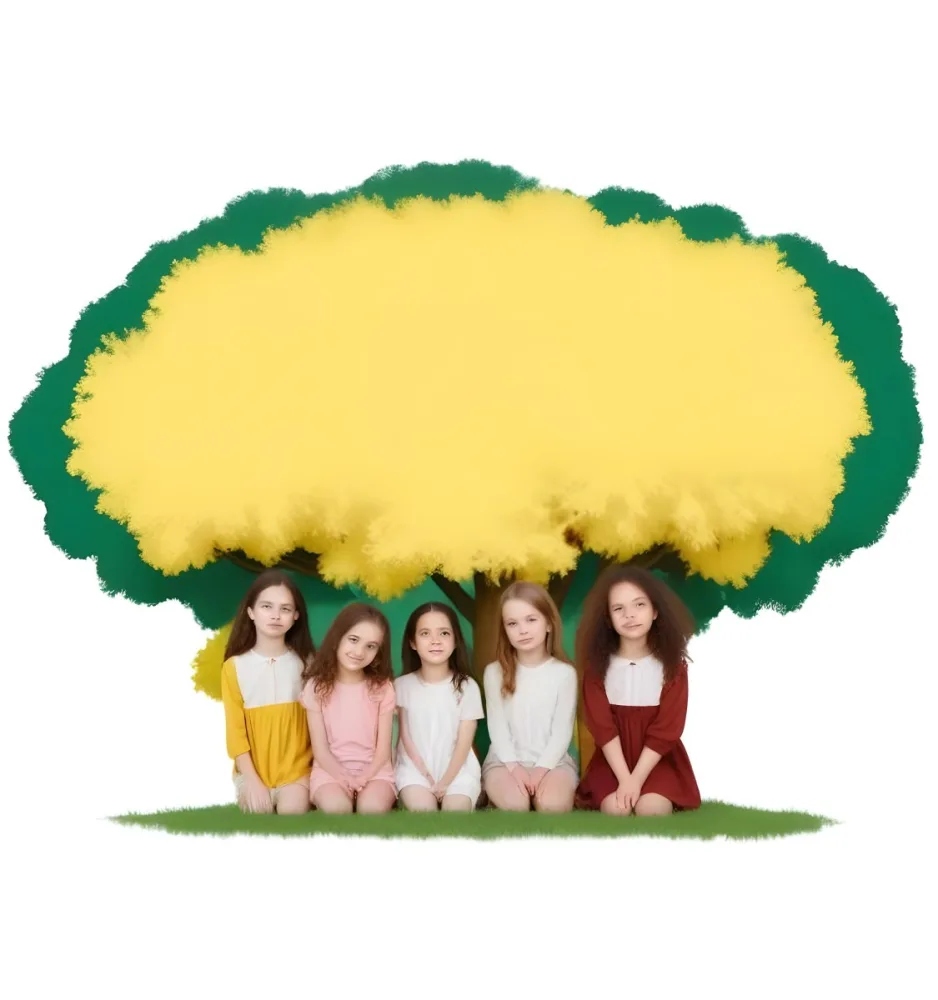 Four Caucasian Girls With An Average Age Of 8 Under A Tree With A Yellow Space For Text 11 14d9