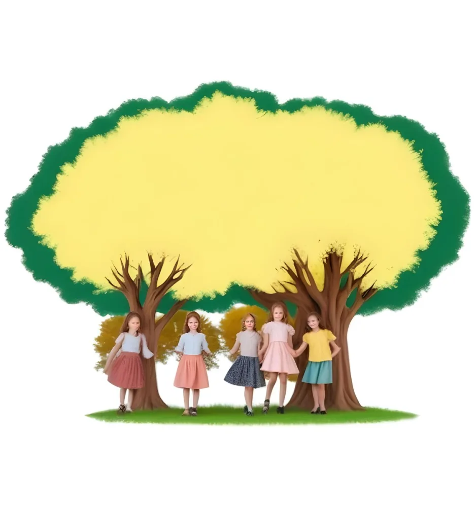 Four Caucasian Girls With An Average Age Of 8 Under A Tree With A Yellow Space For Text 15 316b
