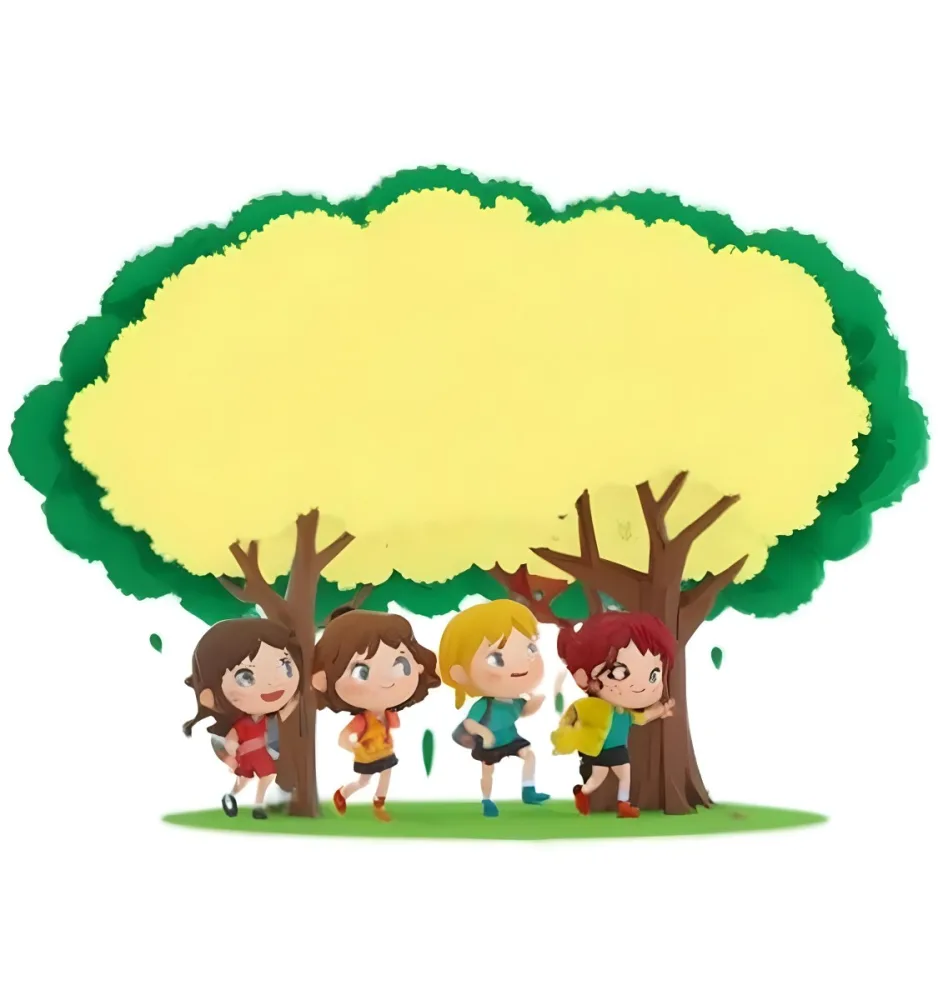 Four Caucasian Girls With An Average Age Of 8 Under A Tree With A Yellow Space For Text 19 Fb28