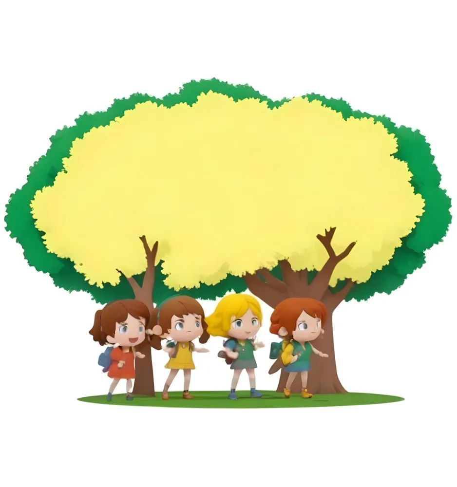 Four Caucasian Girls With An Average Age Of 8 Under A Tree With A Yellow Space For Text 20 9b9c