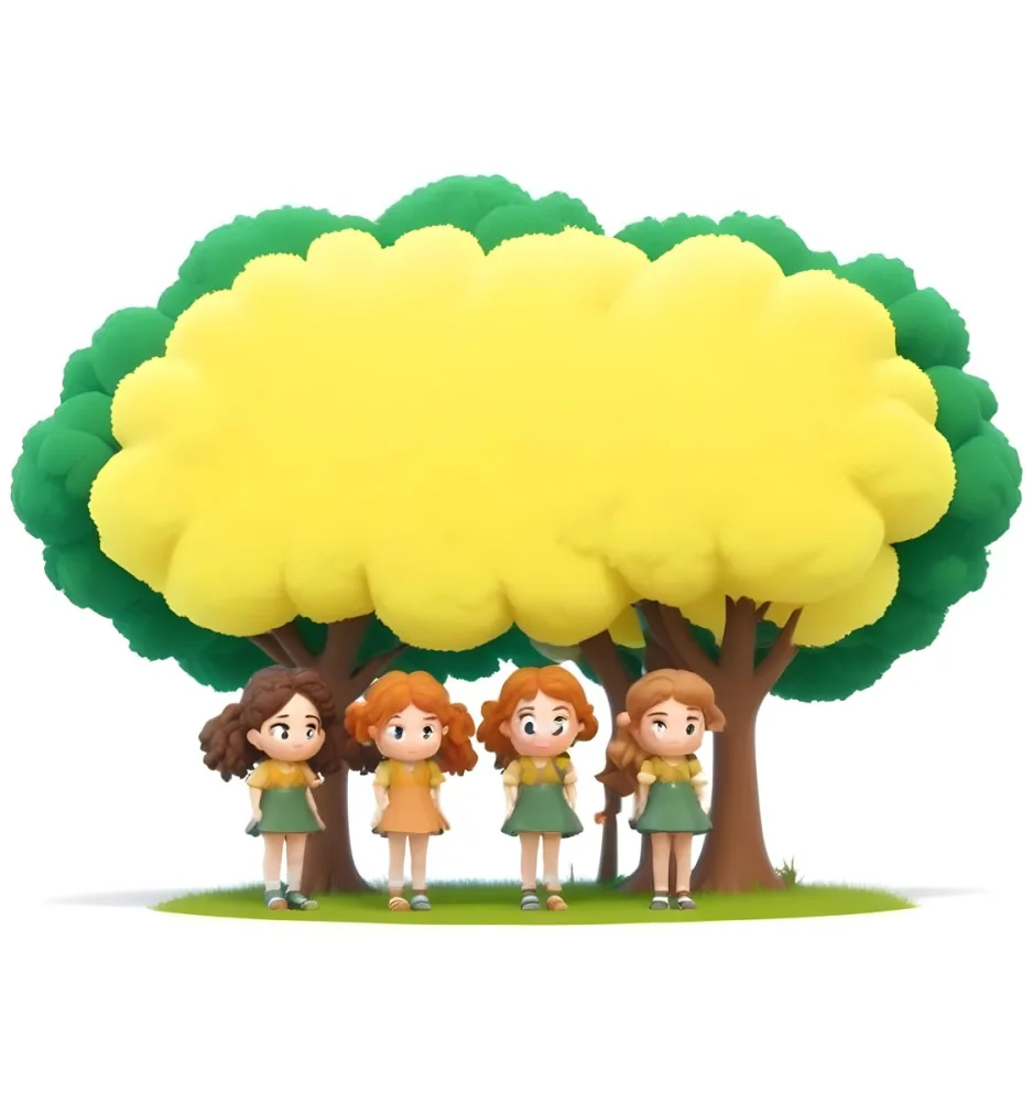 Four Caucasian Girls With An Average Age Of 8 Under A Tree With A Yellow Space For Text 28 D3d6