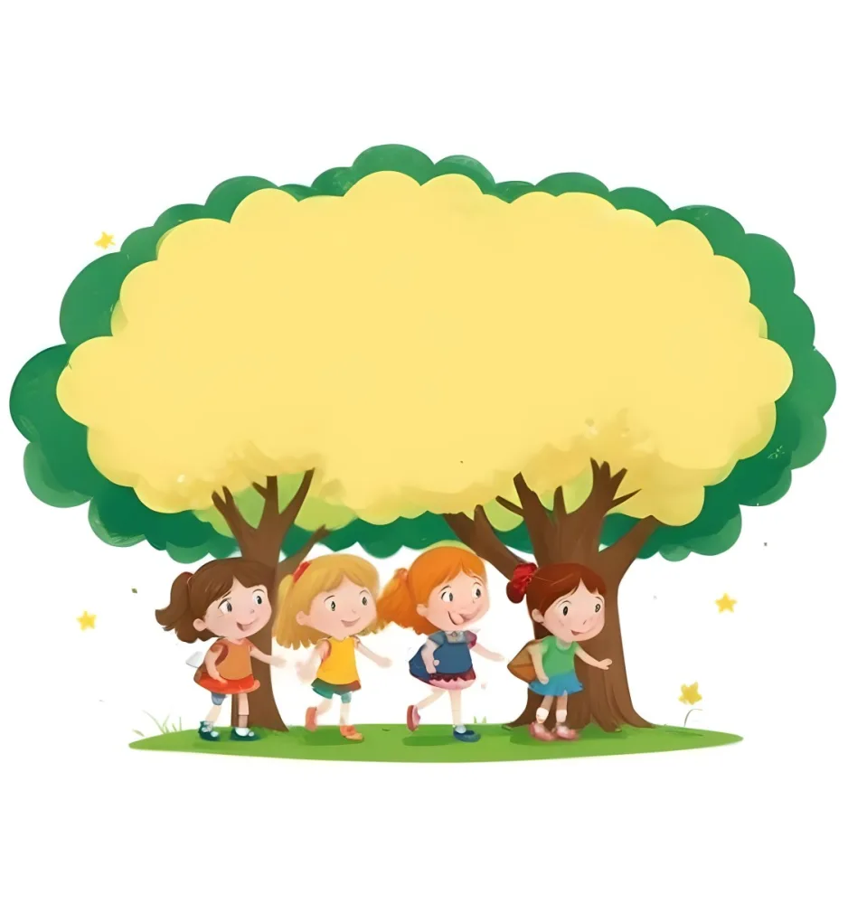 Four Caucasian Girls With An Average Age Of 8 Under A Tree With A Yellow Space For Text 43 F13e