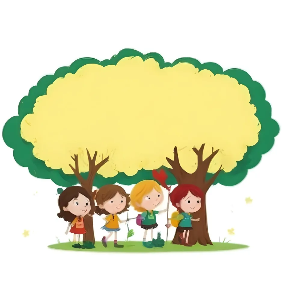 Four Caucasian Girls With An Average Age Of 8 Under A Tree With A Yellow Space For Text 46 2fe2