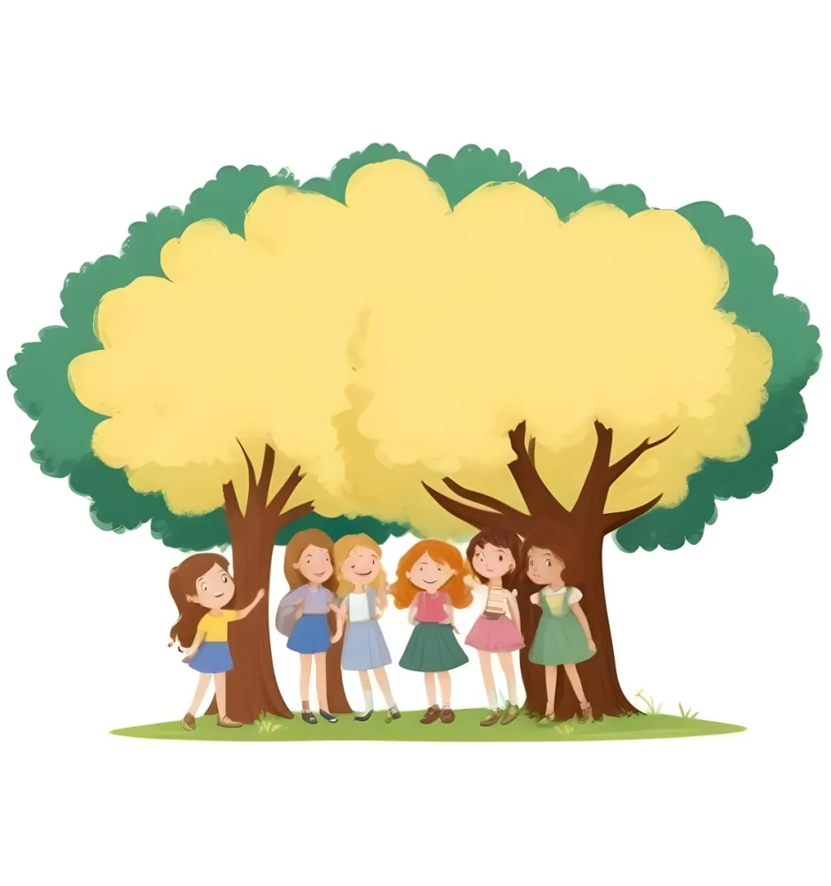 Four Caucasian Girls With An Average Age Of 8 Under A Tree With A Yellow Space For Text 48 C29a