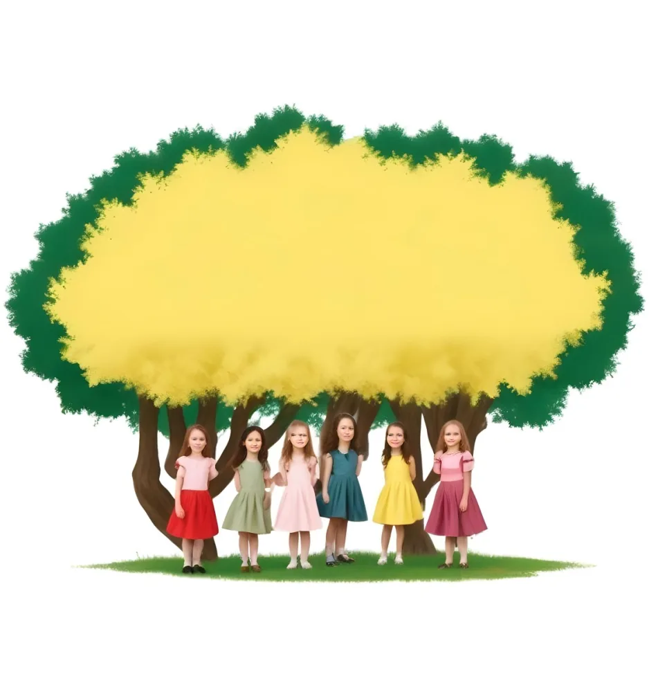 Four Caucasian Girls With An Average Age Of 8 Under A Tree With A Yellow Space For Text 5 B9f5