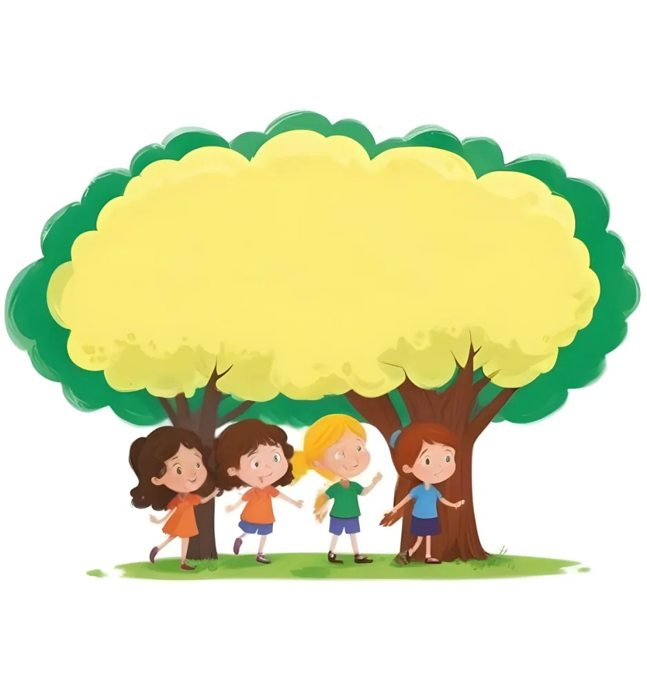 Four Caucasian Girls With An Average Age Of 8 Under A Tree With A Yellow Space For Text 50 67fe