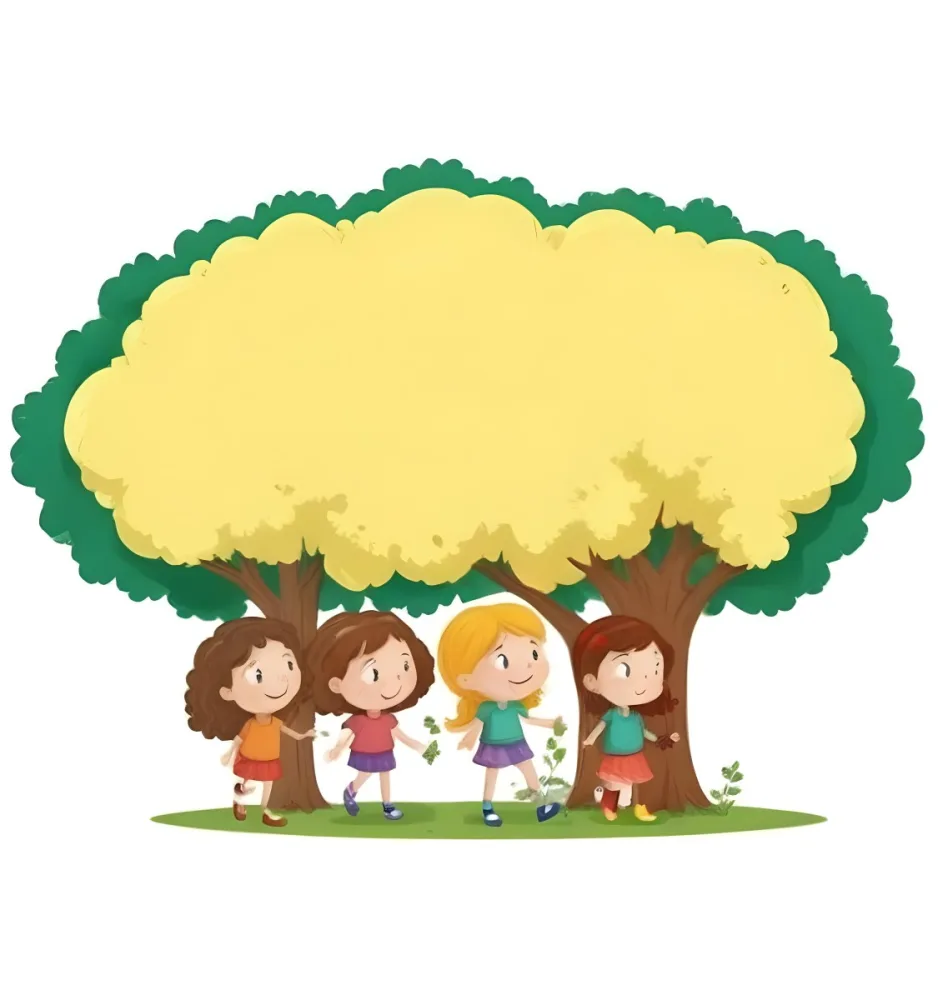 Four Caucasian Girls With An Average Age Of 8 Under A Tree With A Yellow Space For Text 52 4a52